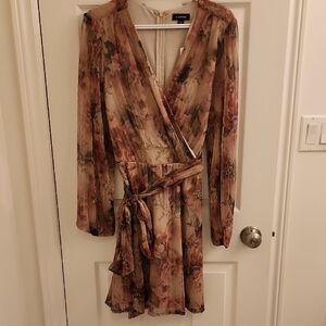 Le Chateau Long Sleeve Floral Dress - Brown and Pink
